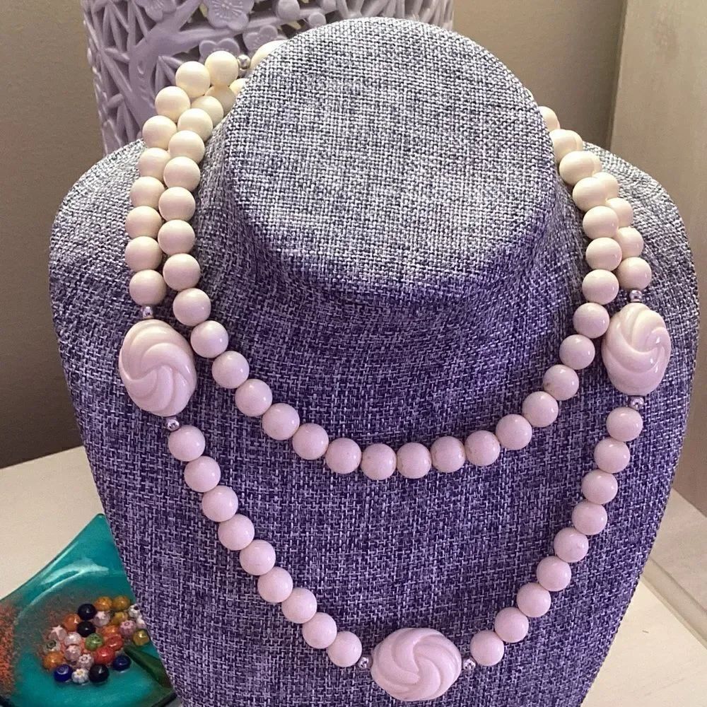 Ivory-Colored Acrylic Bead Necklace with Silvertone Accents